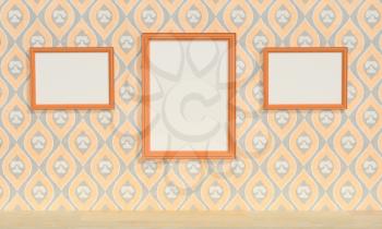 Mock up interior. A room with a blank canvas on ethno wallpaper. 3d rendering