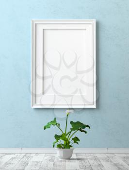 Mock up interior. Painting with a blank canvas on the blue stucco wall. Grey laminate and calla flower in a pot. 3d rendering