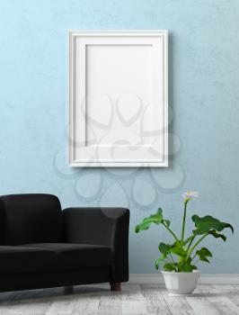 Mock up interior. Painting with a blank canvas on the blue stucco wall. Black sofa and calla flower in a pot. 3d rendering