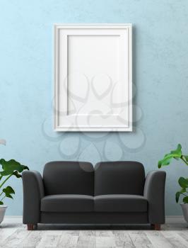 Mock up interior. Painting with a blank canvas on the blue plaster wall. Black sofa on a gray laminate and calla flowers on the floor. 3d rendering