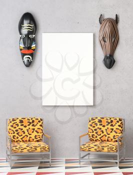 Mock up interior. Two chairs with colorful leopard upholstery. Wooden African mask on the wall. Bright floor. 3D-rendering.