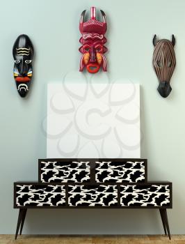 Mock up interior. Wooden bollard on high legs and bright leather fronts. Wooden African mask on the wall. 3D-rendering.