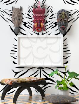 Mock up Tribal interior. Wooden chair with soft colorful pillow. Wooden African masks on the wall, on the wall of a zebra. Green calla on bright floor. 3D-rendering.