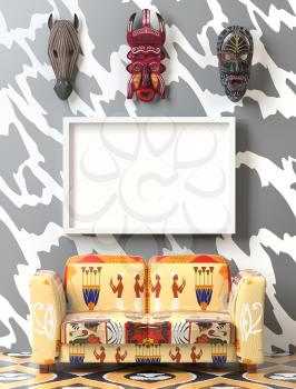 Mock Up Tribal interior. Soft sofa with colorful ethno upholstery .. Wooden African mask on the wall. Bright floor with floral ethnic ornament. 3D-rendering.