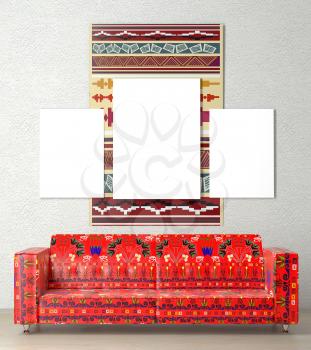 Mock up interior. Bright wall hanging ethnic, tribal style. In the center of the room a soft sofa with red ethnic ornament. Plastered walls. 3d rendering.