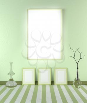3D illustration abstract mock up in the interior. Blank frame on the green wall. Glass vase with dry branch