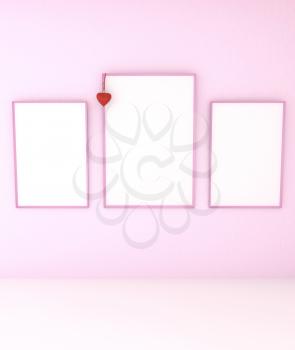 3D illustration of mock up abstract interior. Pink frame with blank canvas and a red heart on the tape. 