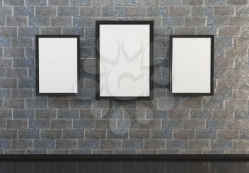 3D abstract interior illustrations. Simple stone brick with three empty wooden frame with black-and-white canvas.