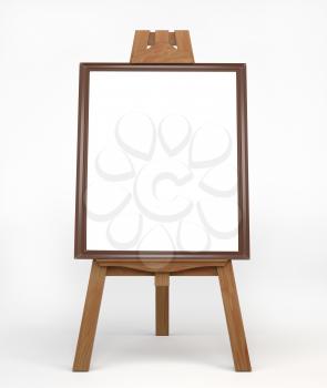 Vintage wooden easel painter, standing on the floor. Easel with empty brown and white ramkay blank canvas. Membership of the artist. 3d illustration