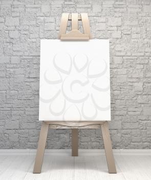 Vintage retro wooden easel artist's with blank canvas on a brick wall background. 3d illustration