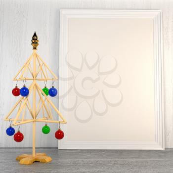 Christmas mock up with a symbolic tree with Christmas colored balls and empty blank canvas in a frame on the background 
of a wooden painted wall. 3d illustration