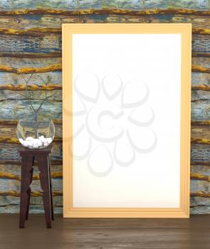 Mock up with an aquarium, rocks, dry branch and a blank canvas in a frame on a background of vintage wooden wall