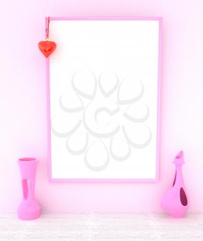 3D illustration of empty blank canvas with a pink frame on the pink wall 
with two unusual vases with pink and red hearts. Rendering
