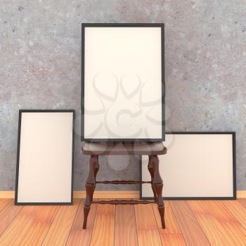 Simple wooden chair with three blank canvas in a black frame on the 
background of a concrete wall. Mocap, abstract interior. 3D illustration