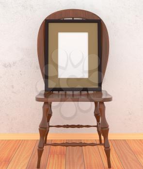 Simple wooden chair with blank canvas in a black frame on the background of a concrete wall. Mocap, abstract interior. 3D illustration