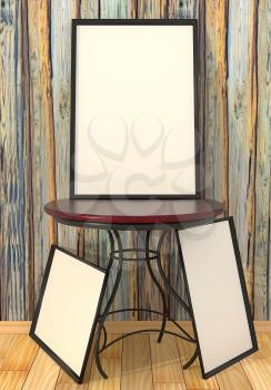 Rendering a round dining table and a picture with a blank canvas in the living room with wood panels and retro light parquet. Mock up, 3D