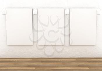 Mockup interior gallery. Paintings with a blank canvas and white lights in a room with white plastered wall. Light parquet. 3D-rendering