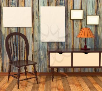 Mockup cabinet interior. Paintings with a blank canvas, a long-legged stand at low and bright light in the room with wooden paneling retro. Light parquet. 3D-rendering