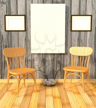 Mockup cabinet interior. Wooden chairs, ornamental tree in a glass vase, clear picture, gray wood paneling, light parquet. 3D-rendering