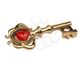 Golden Key old style with a stone in the shape of a heart isolated on white background. Key to the heart. Vector illustration.
