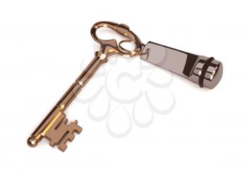 The Golden Key in the old style, isolated on white background Vector illustration.