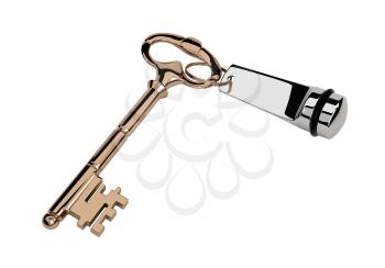 The Golden Key in the old style with silver trinket, isolated on white background Vector illustration.