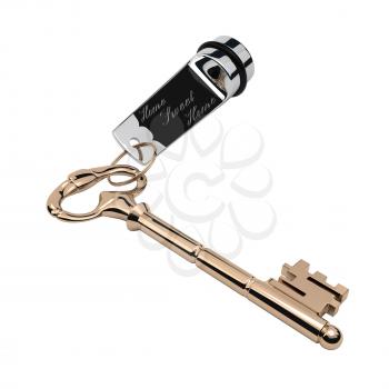 The Golden Key in the old style with silver trinket isolated on white background. Home Sweet Home. Vector illustration.