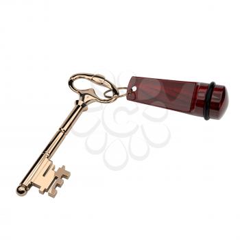 The Golden Key in the old style red keychain isolated on white background. Vector illustration.