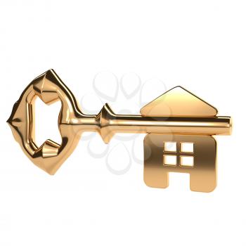 Abstract golden key with a shiny surface and home. Symbol of a successful real estate 
purchase. Key to the nice house