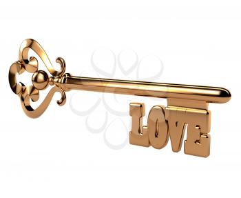 Abstract 3D golden key with the word LOVE on white background. Isolated object