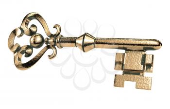 Abstract retro golden key with grunge on a white background. Key gold vintage isolated object