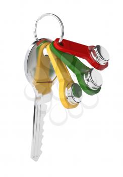 Set of colored keys on the intercom on the ring isolated on white background. Keys from the house. Vector illustration.