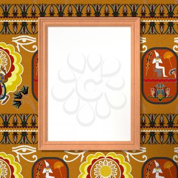 Wooden frame with a blank canvas in bright ethnic background. Tribal background. 3d rendering.