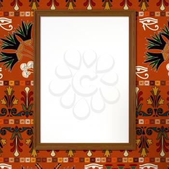 Wooden frame with a blank canvas in bright ethnic background with floral ornaments. Tribal background. 3d rendering.