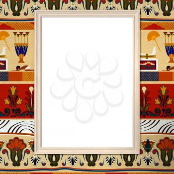Bright frame with blank canvas on a bright background with the Egyptian ethnic ornament. Tribal background. 3d rendering.