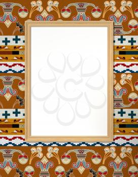 Bright frame with a blank canvas in bright ethnic background with floral ornament. Tribal background. 3d rendering.