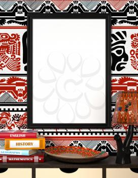 Mock up interior. Books on a wooden table. Bright African plate and the lamp with traditional ornaments. Wooden frame with blank canvas on a bright background with tribal ornaments. 3d rendering.