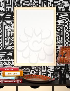 Mock up interior. Books on a wooden table. Bright African plate and the lamp with traditional ornaments. Light wooden frame with blank canvas on a black and white background with tribal ornaments. 3d 