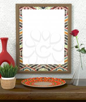 Mock up interior. Frame with bright ethnic ornament. Green grass in a pot on a wooden table. Red Rose in a glass vase. Red vase and dish ethnic, tribal style. Rough gray plastered wall. 3d rendering