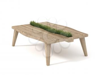 Wooden table with built-in pot with green grass, isolated on white background. 3d rendering.