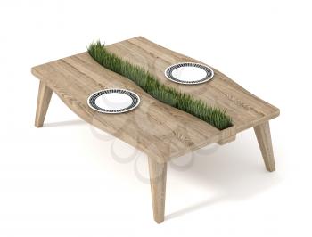 Wooden table with green grass and plate isolated on white background. 3d rendering.