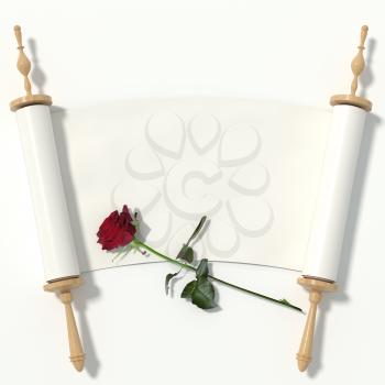 Scroll to the white paper on wooden rollers and a red rose, isolated on white background. 3d rendering.
