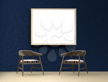 Mock up interior. Blue room with two chairs and a picture. 3d rendering.