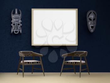 Mock up interior. Blue ethno room, two armchairs and a mask in the African style on the wall. 3d rendering.