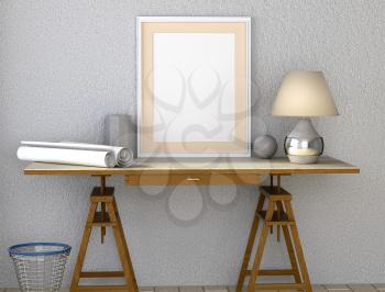 Mock up interior. Desk with lamp. Paper and other desktop. Trash can under the table. 3d rendering.