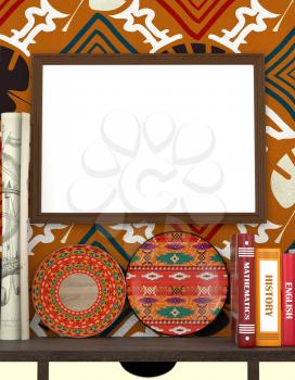 Mock up interior. Books on a wooden table. Bright African plate. Wooden frame with blank canvas on the background the wall with colorful wallpaper, tribal style.. 3d rendering.