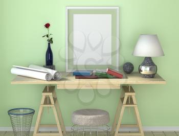 Wooden desk with lamp. Paper and other desktop. Trash can and a chair under the table. Red rose in a vase on the table.