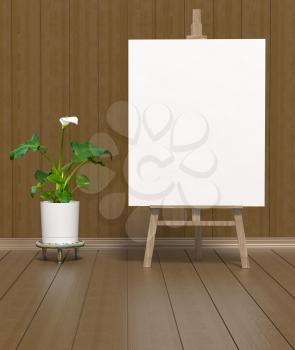 Mock up interior. Texture bright linoleum and green blooming calla. Blank white canvas on a wooden easel. 3D-rendering.