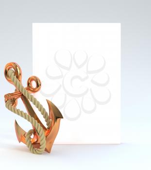 Beautiful shiny anchor with rope and clean blank canvas. The place for information. Metal sea anchor. 3D illustration