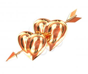 Two gold heart pierced by a golden arrow isolated on white background. Cupid's arrow. 
3d illustration.